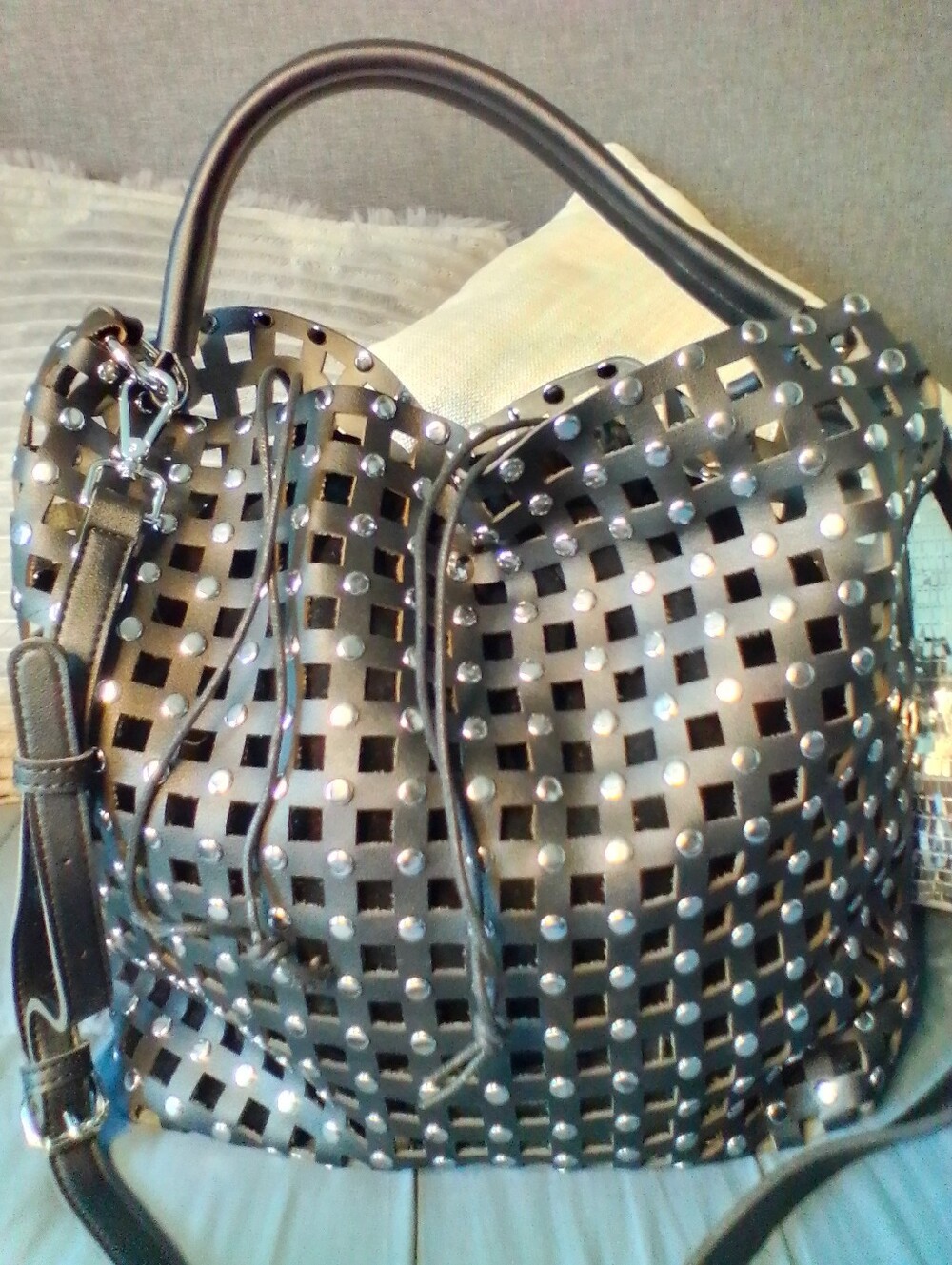 Large Chillx Drawstring Studded Black Women's Handbag with Cutout Design